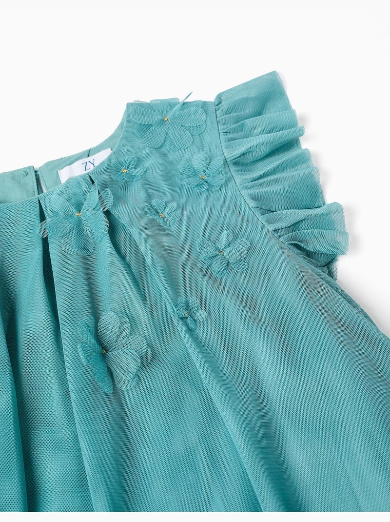 Vestido de tul sin mangas con volantes y flores Azul claro - Kiabi