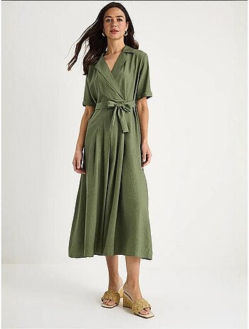 Vestido de verano de manga corta con cinturón y escote en v cruzado lucci