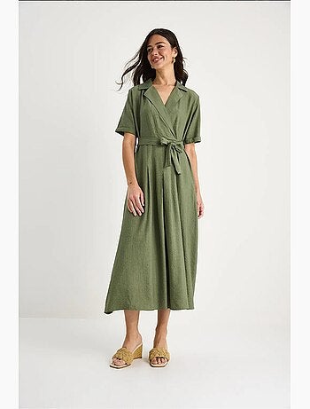 Vestido de verano de manga corta con cinturón y escote en v cruzado lucci