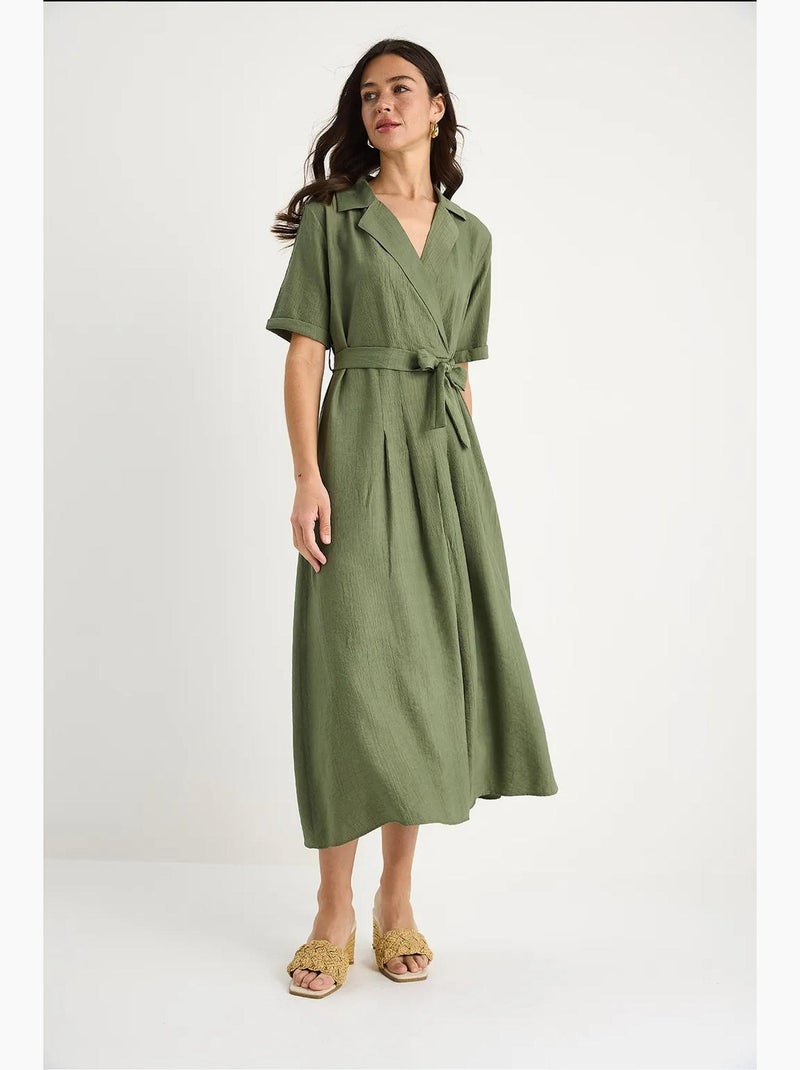 Vestido de verano de manga corta con cinturón y escote en v cruzado lucci Caqui - Kiabi