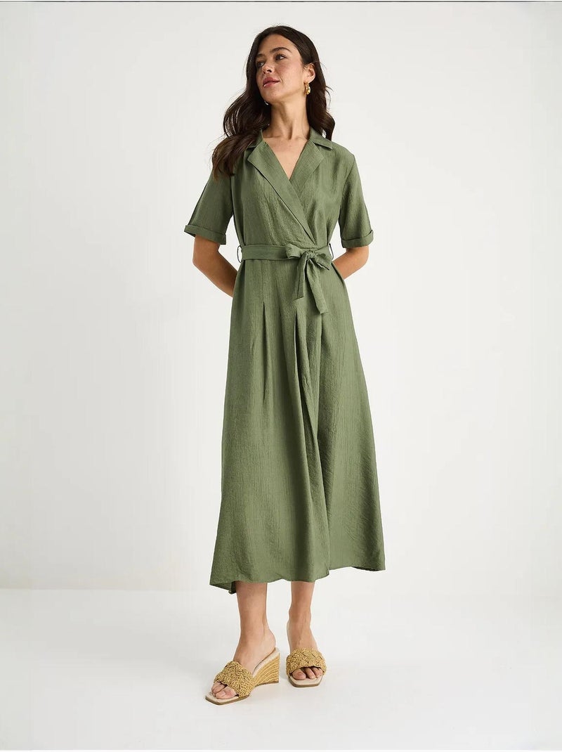 Vestido de verano de manga corta con cinturón y escote en v cruzado lucci Caqui - Kiabi