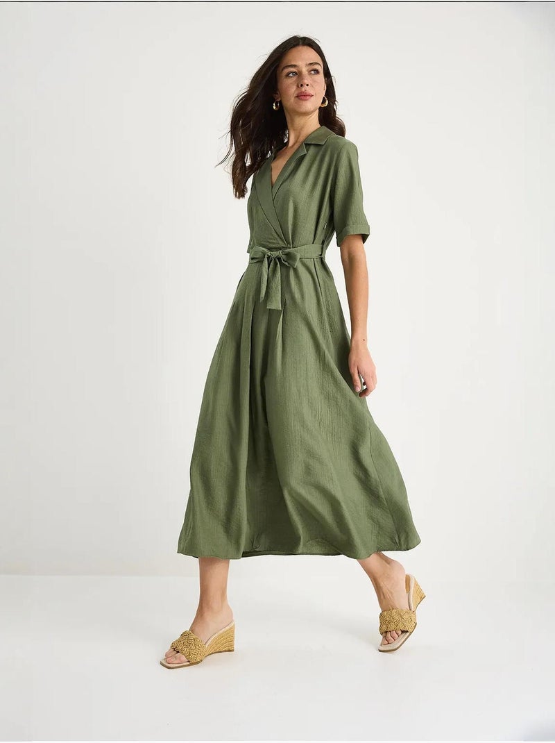 Vestido de verano de manga corta con cinturón y escote en v cruzado lucci Caqui - Kiabi