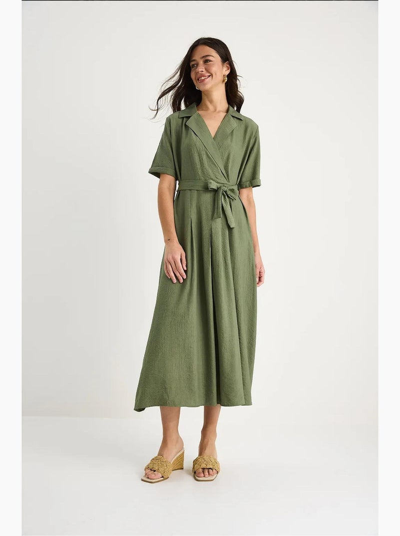 Vestido de verano de manga corta con cinturón y escote en v cruzado lucci Caqui - Kiabi