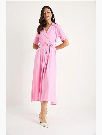Vestido de verano de manga corta con cinturón y escote en v cruzado lucci