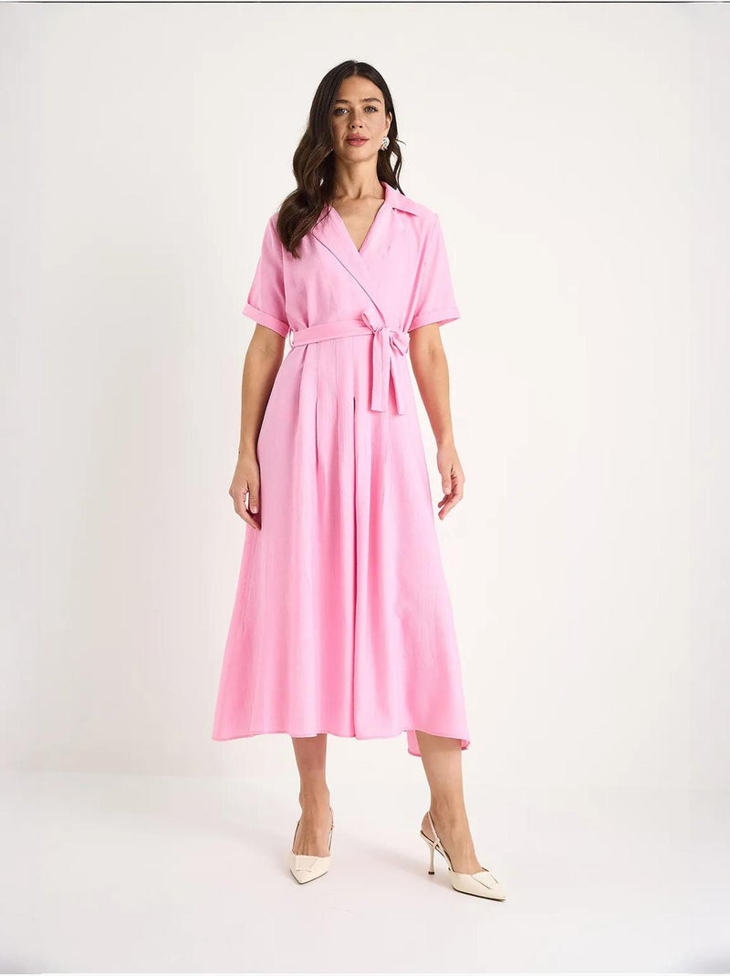 Vestido de verano de manga corta con cinturón y escote en v cruzado lucci Rosa fluo/Solinotes - Kiabi