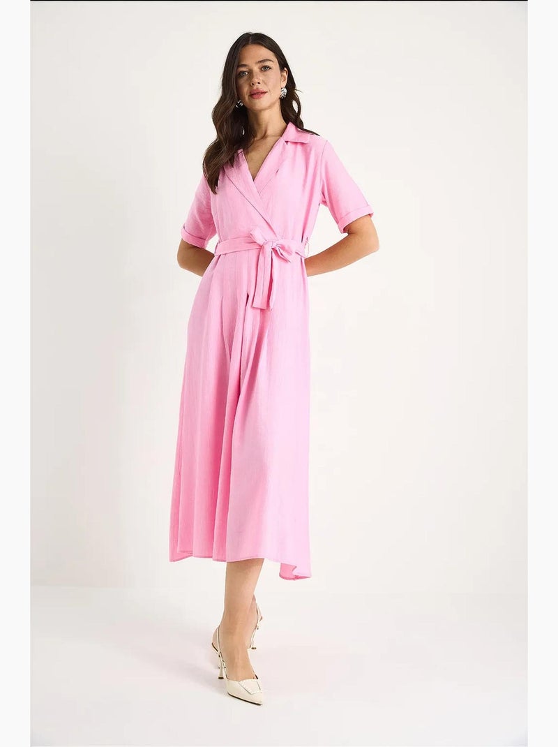 Vestido de verano de manga corta con cinturón y escote en v cruzado lucci Rosa fluo/Solinotes - Kiabi