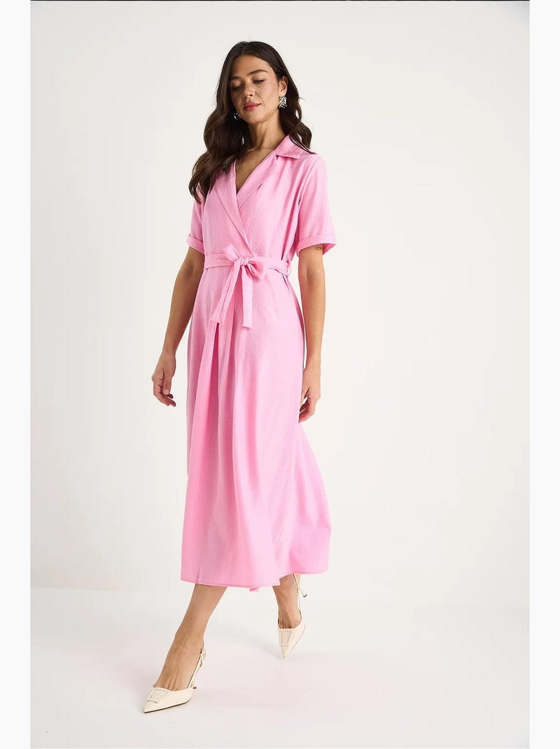 Vestido de verano de manga corta con cinturón y escote en v cruzado lucci Rosa fluo/Solinotes - Kiabi
