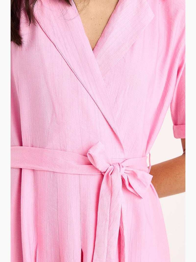 Vestido de verano de manga corta con cinturón y escote en v cruzado lucci Rosa fluo/Solinotes - Kiabi