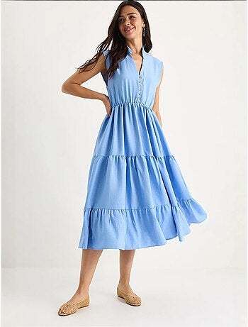 Vestido de verano modal con volantes, cuello en v, cintura elástica y rayas lucci