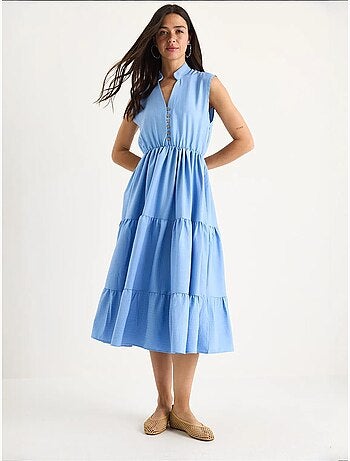 Vestido de verano modal con volantes, cuello en v, cintura elástica y rayas lucci