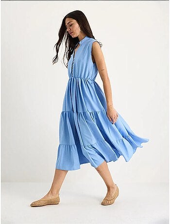 Vestido de verano modal con volantes, cuello en v, cintura elástica y rayas lucci