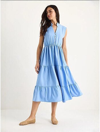 Vestido de verano modal con volantes, cuello en v, cintura elástica y rayas lucci