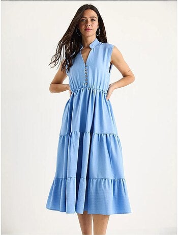 Vestido de verano modal con volantes, cuello en v, cintura elástica y rayas lucci