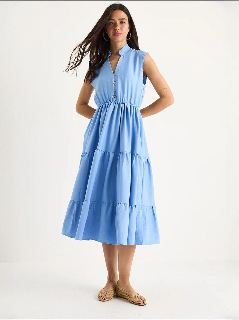 Vestido de verano modal con volantes, cuello en v, cintura elástica y rayas lucci Azul claro - Kiabi
