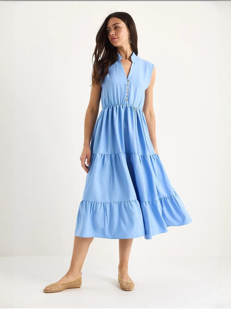 Vestido de verano modal con volantes, cuello en v, cintura elástica y rayas lucci Azul claro - Kiabi