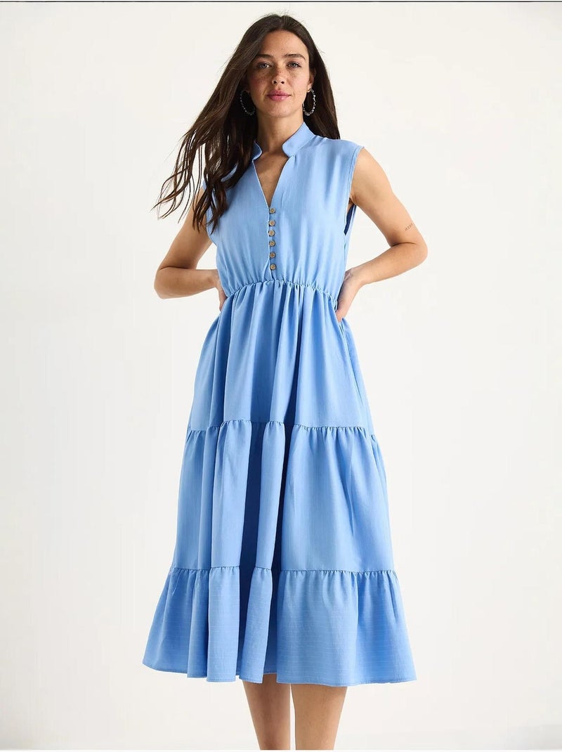Vestido de verano modal con volantes, cuello en v, cintura elástica y rayas lucci Azul claro - Kiabi
