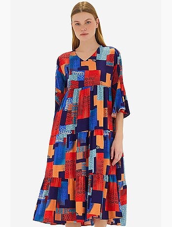 Vestido de viscosa de manga corta con estampado azul rey rojo de bdart