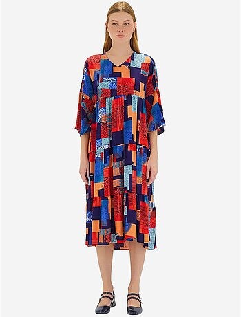 Vestido de viscosa de manga corta con estampado azul rey rojo de bdart