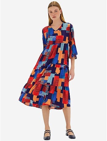 Vestido de viscosa de manga corta con estampado azul rey rojo de bdart