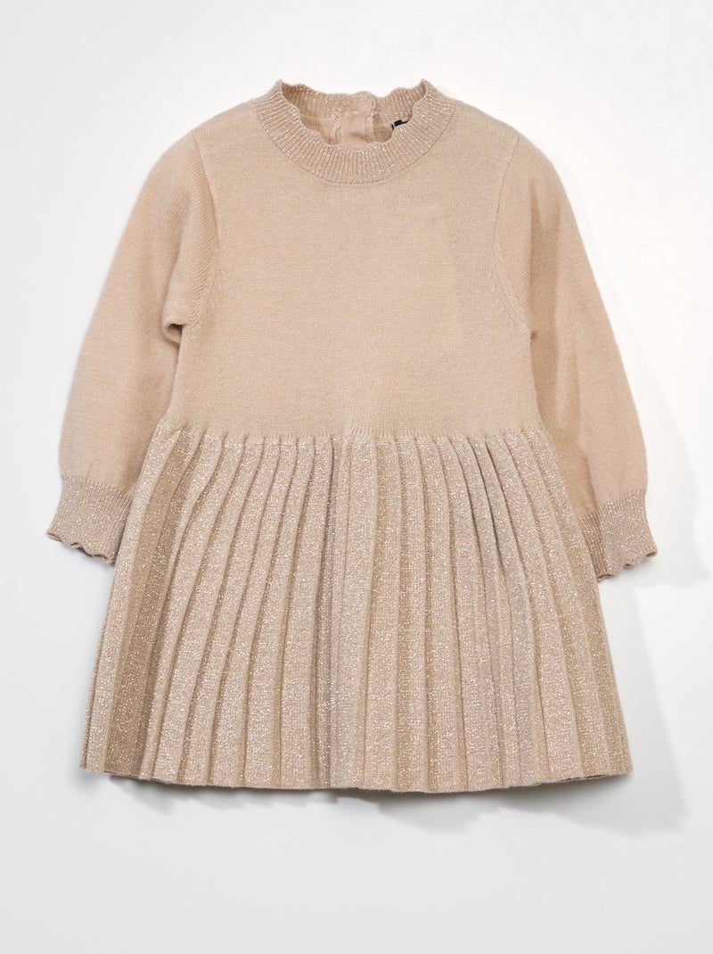 Vestido en dos materiales de punto con falda plisada BEIGE - Kiabi