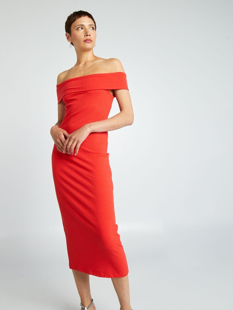Vestido Entallado De Punto De Canal Con Cuello Bardot ROJO Kiabi vestido-entallado-de-punto-de-canal-con-cuello-bardot-rojo-kiabi