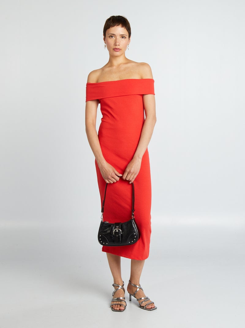 Vestido entallado de punto de canalé con cuello bardot ROJO - Kiabi