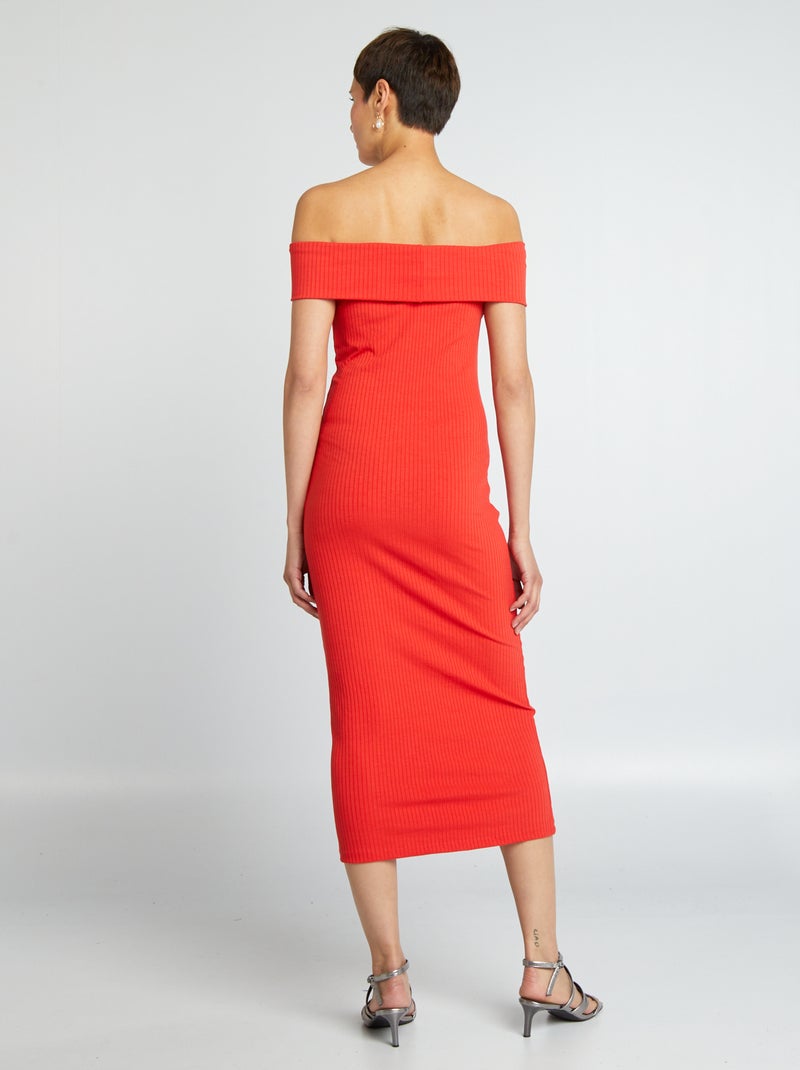 Vestido entallado de punto de canalé con cuello bardot ROJO - Kiabi