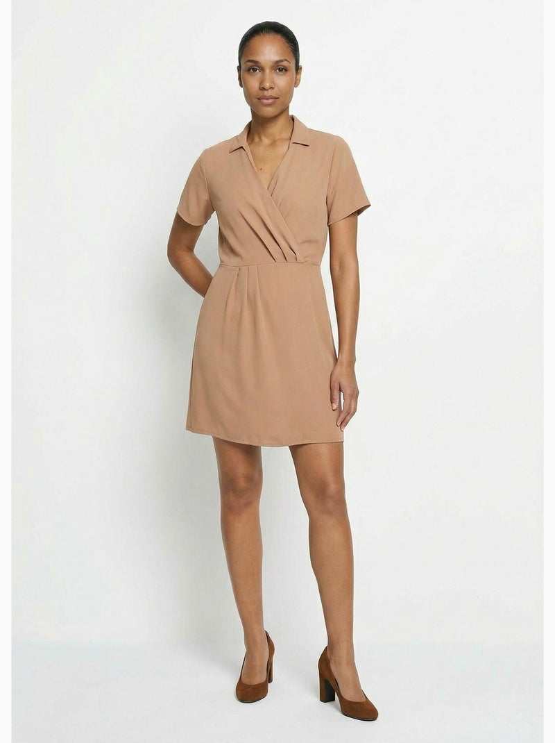 Vestido escote pico y manga corta, Esencial - Afibel Camel - Kiabi
