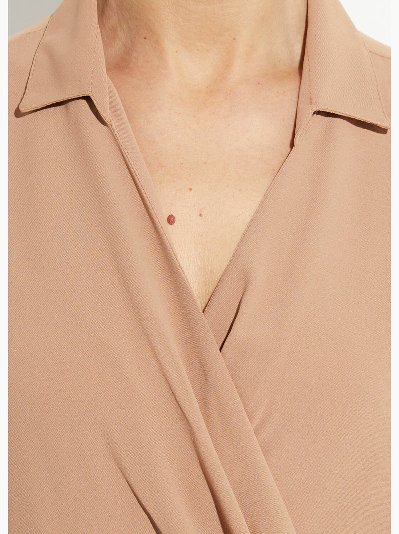 Vestido escote pico y manga corta, Esencial - Afibel Camel - Kiabi