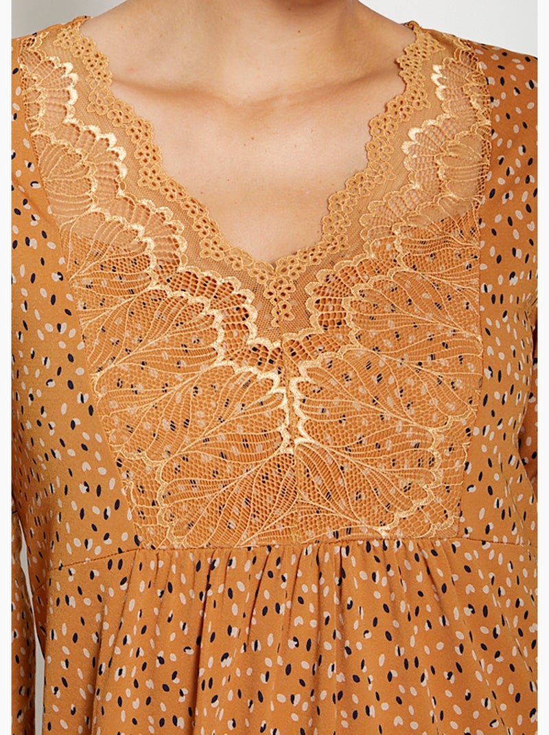 Vestido estampado con canesú de encaje - AFIBEL Miel - Kiabi