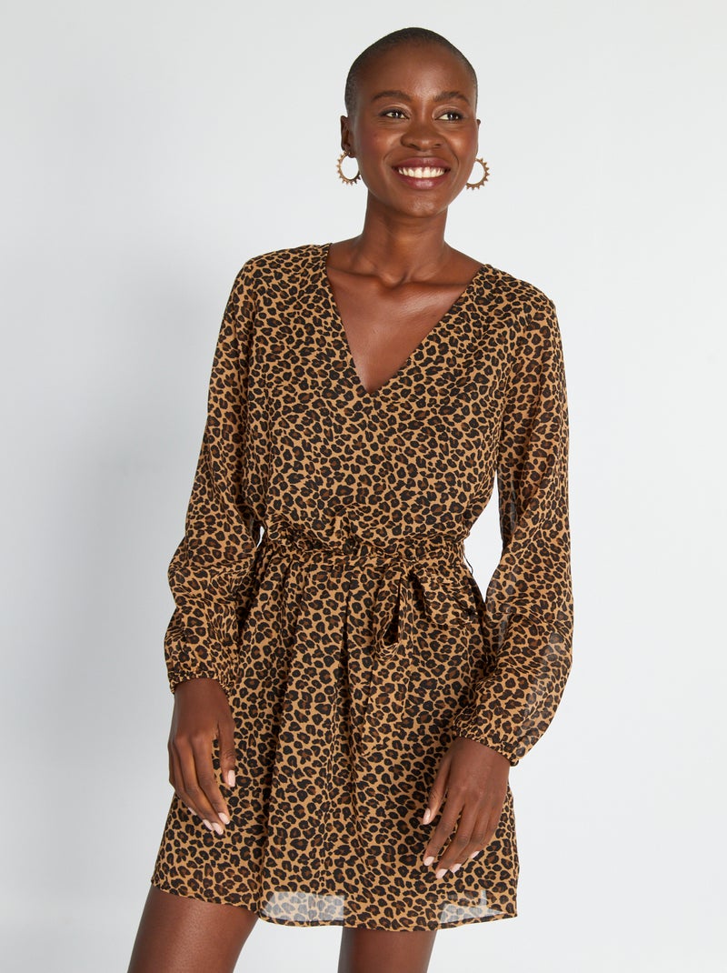Vestido estampado con cinturón anudable Beige - Kiabi
