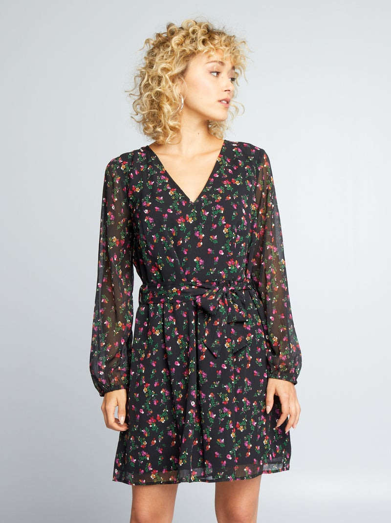 Vestido estampado con cinturón anudable Negro floral - Kiabi