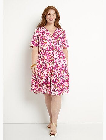 Vestido estampado con cuello en V y botones y manga corta - Afibel