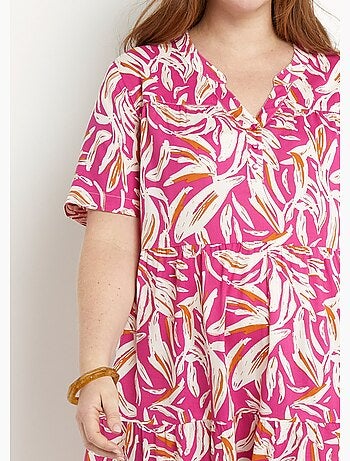 Vestido estampado con cuello en V y botones y manga corta - Afibel