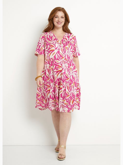 Vestido estampado con cuello en V y botones y manga corta - Afibel - Kiabi