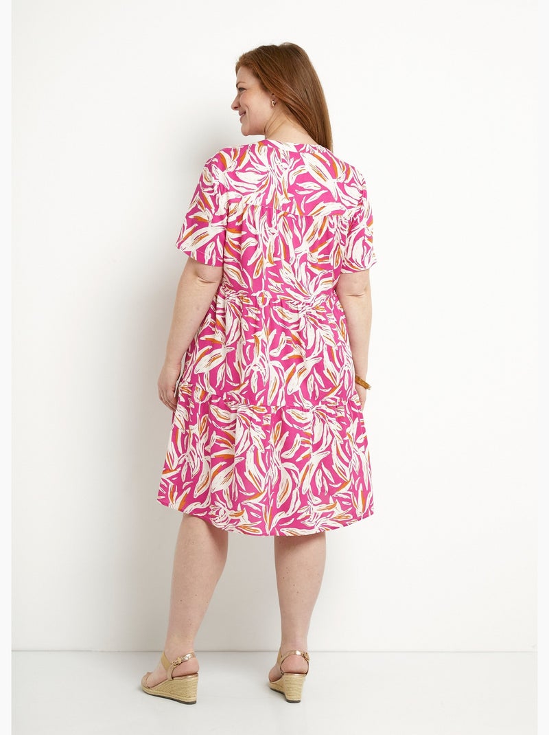Vestido estampado con cuello en V y botones y manga corta - Afibel Blanco Rosa - Kiabi