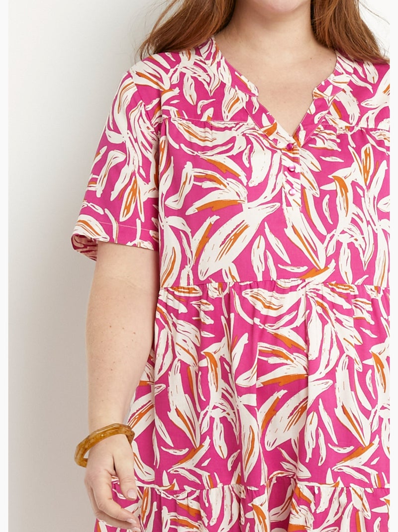 Vestido estampado con cuello en V y botones y manga corta - Afibel Blanco Rosa - Kiabi