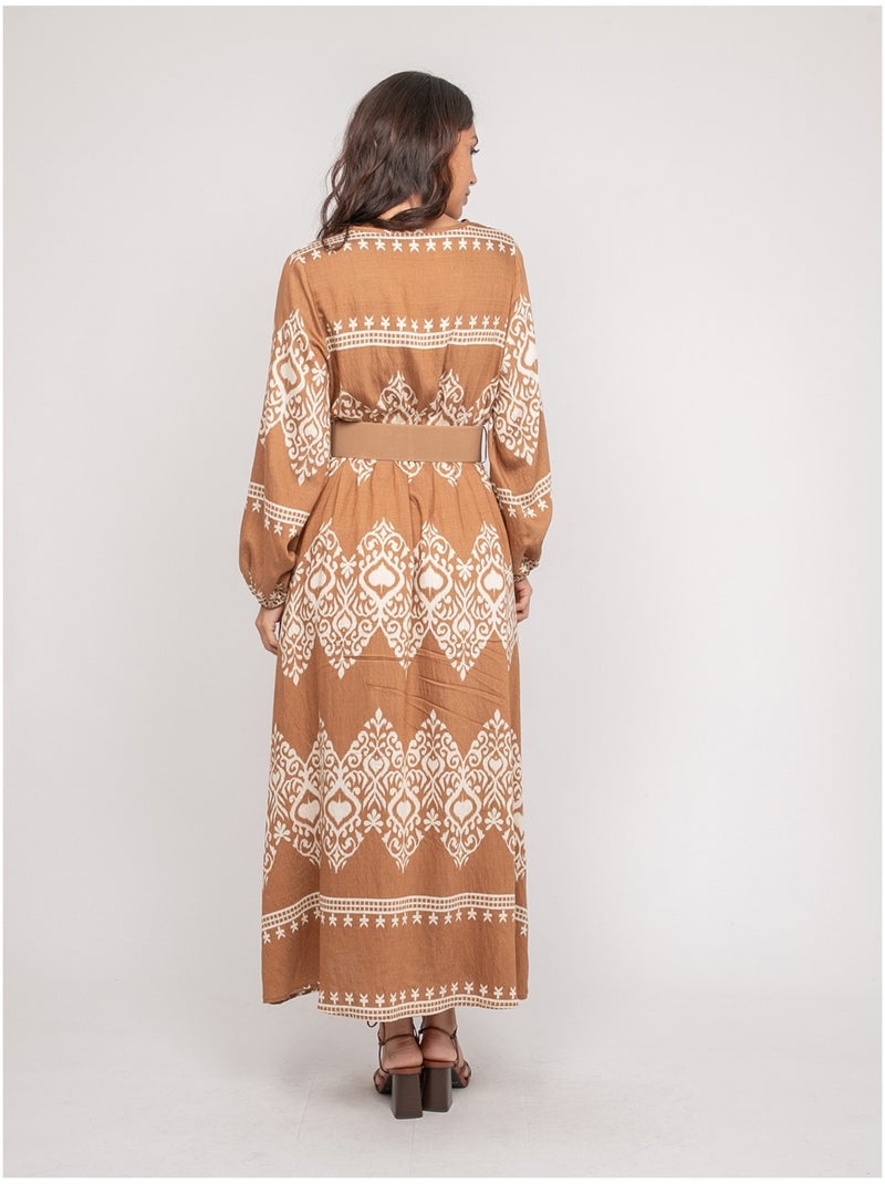 Vestido estampado de manga larga con cinturón ILATINE Beige - Kiabi