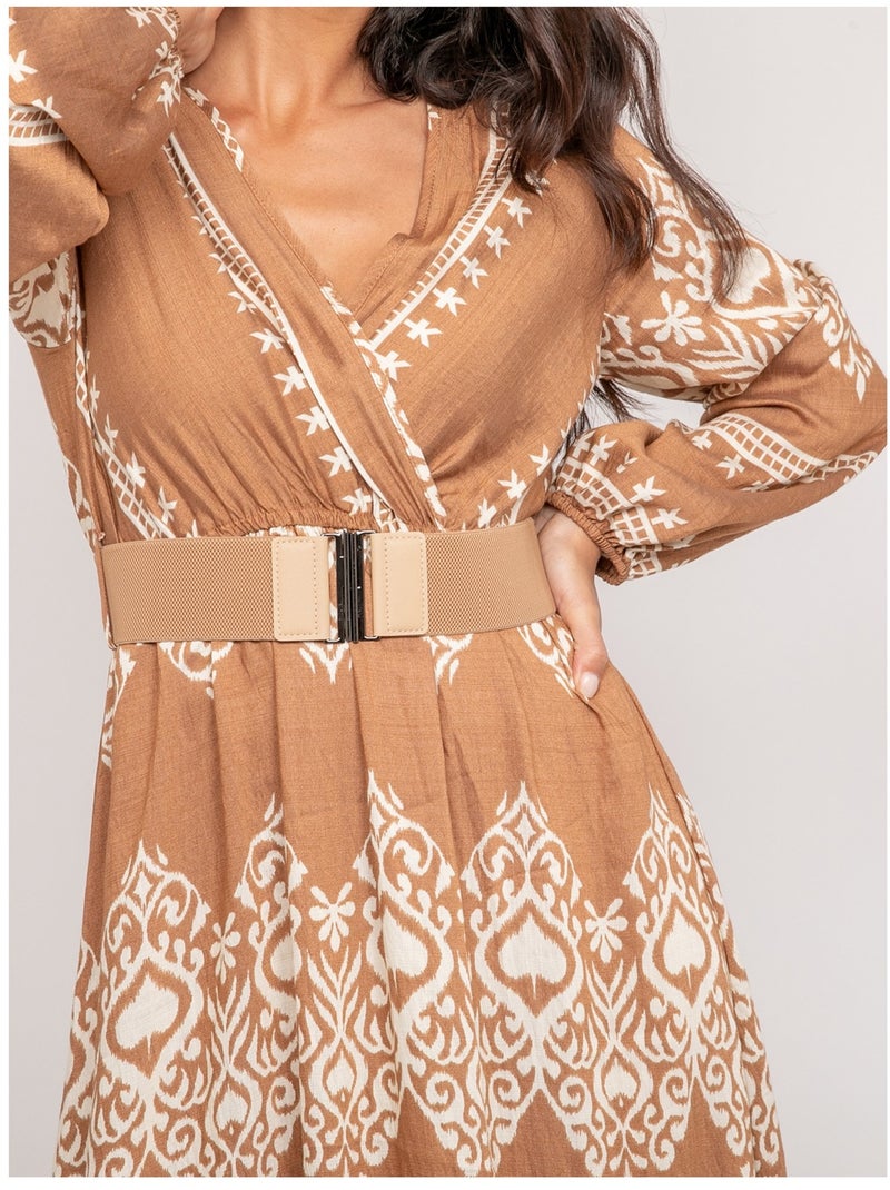 Vestido estampado de manga larga con cinturón ILATINE Beige - Kiabi