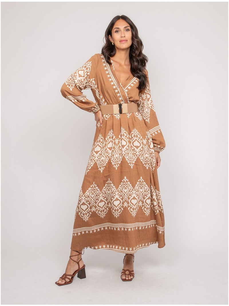Vestido estampado de manga larga con cinturón ILATINE Beige - Kiabi