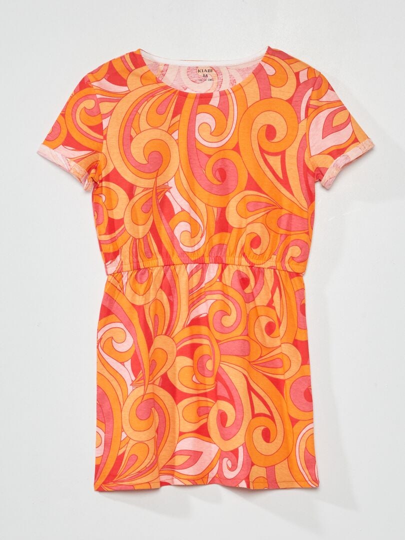 Vestido estampado rojo y rosa