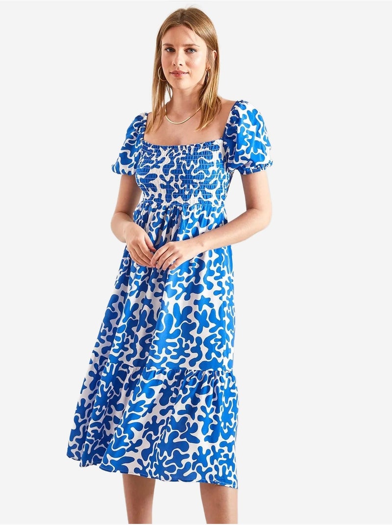 Vestido evasé estampado con cintura fruncida lucci Azul claro - Kiabi