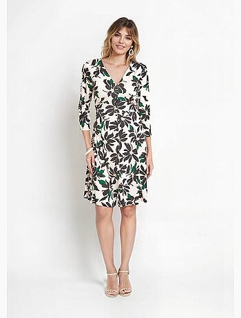 Vestido floral abotonado con escote en pico y mangas 3/4 - Afibel