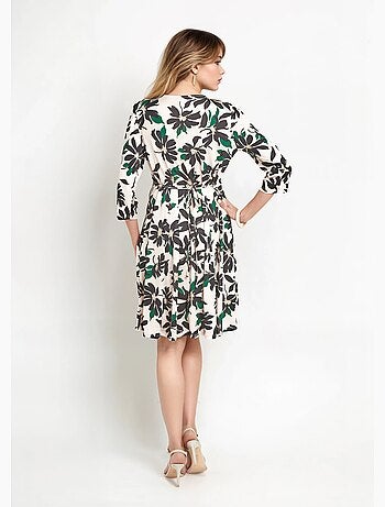 Vestido floral abotonado con escote en pico y mangas 3/4 - Afibel