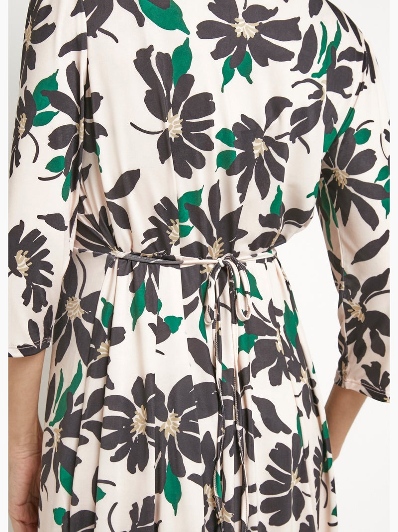 Vestido floral abotonado con escote en pico y mangas 3/4 - Afibel Beige/Negro - Kiabi