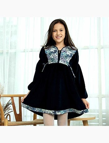 Vestido Floral de Invierno para Niña | Terciopelo Azul Marino | Algodón Lila | MARGOT