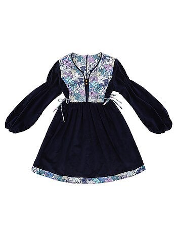 Vestido Floral de Invierno para Niña | Terciopelo Azul Marino | Algodón Lila | MARGOT