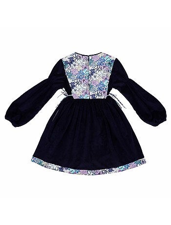 Vestido Floral de Invierno para Niña | Terciopelo Azul Marino | Algodón Lila | MARGOT