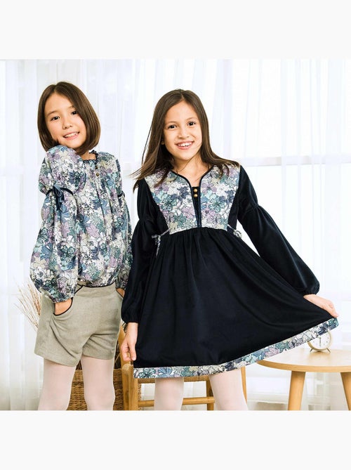 Vestido Floral de Invierno para Niña | Terciopelo Azul Marino | Algodón Lila | MARGOT - Kiabi