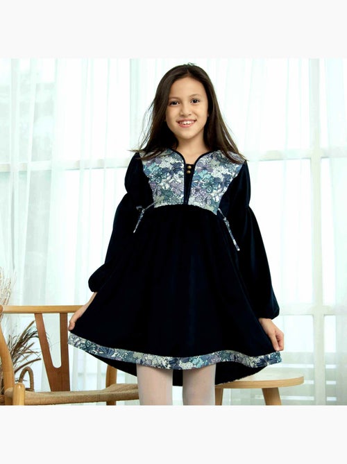 Vestido Floral de Invierno para Niña | Terciopelo Azul Marino | Algodón Lila | MARGOT - Kiabi